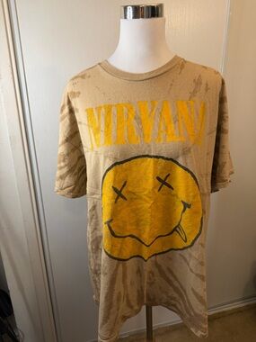 NIRVANA 100% Cotton Tan Tee with Yellow Smiley Graphic